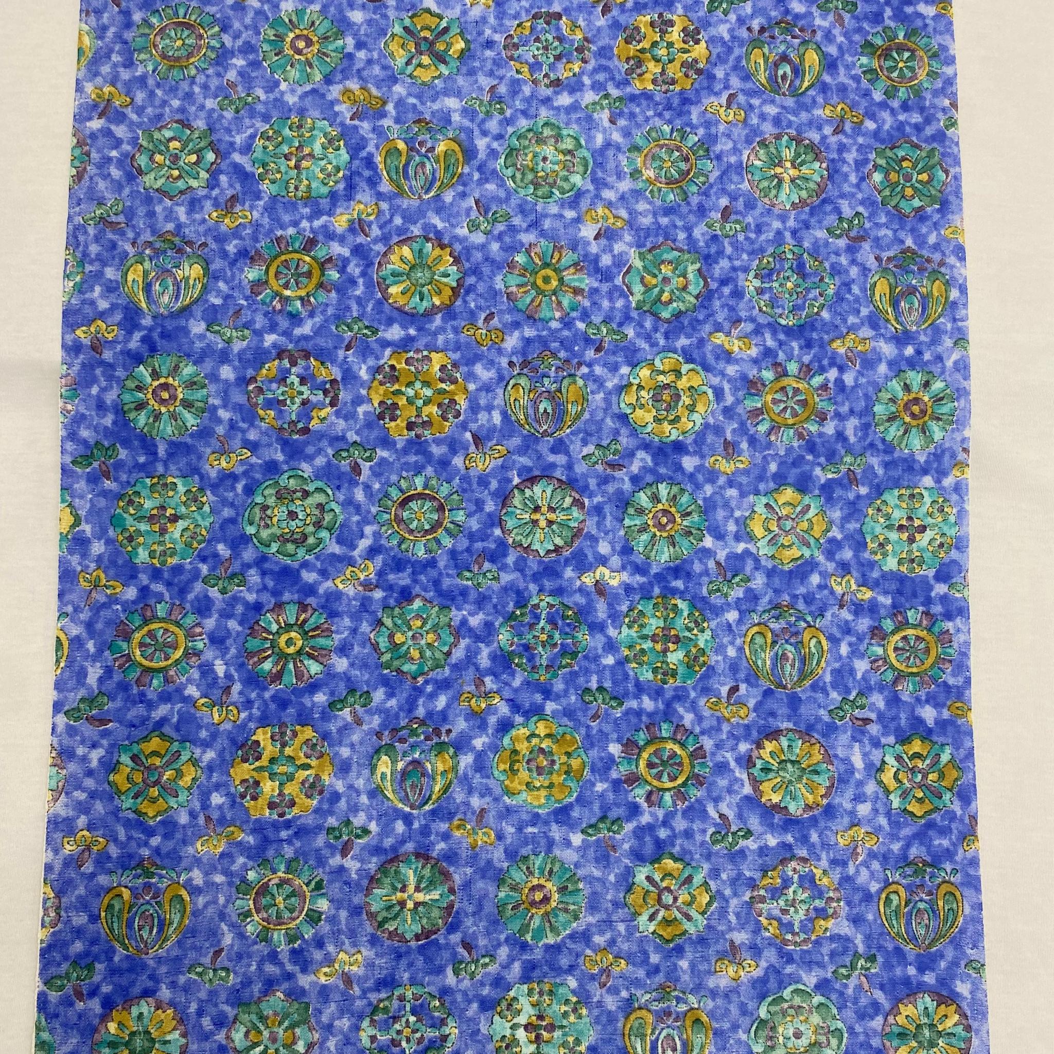 《未仕立て》手染め摺型友禅紬帯 全通京更紗柄【青】 | 4枚目